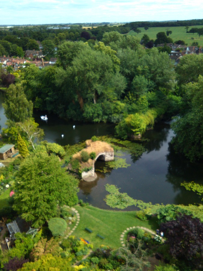 Looking down at the ruined bridge  on the River Avon from Cesar's Tower. 