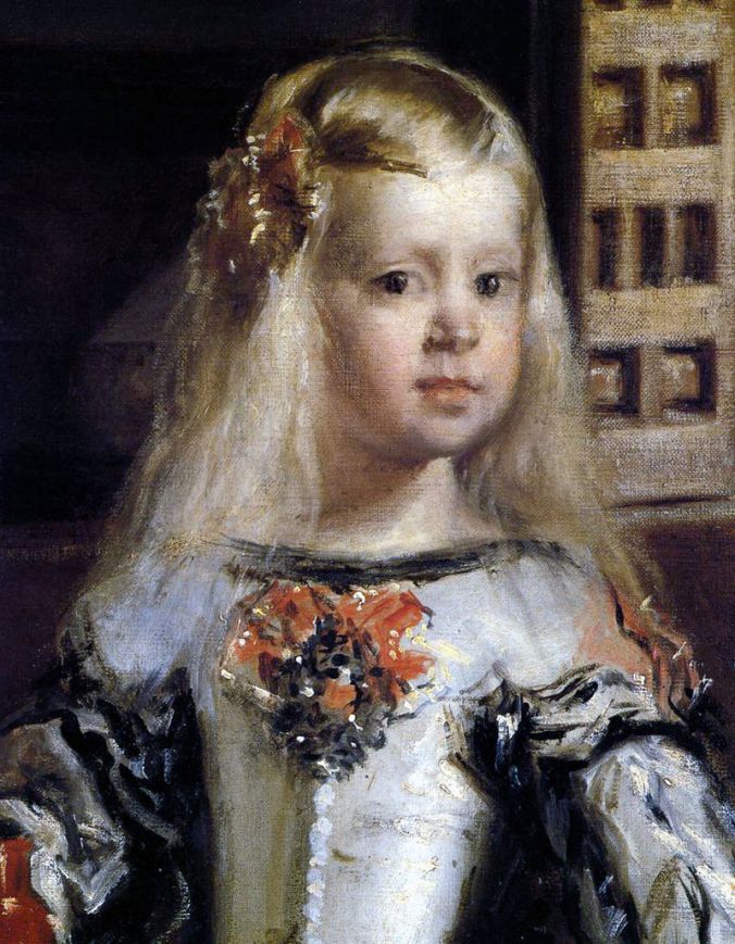 Detail of Infanta Margarita Teresa from Las Meninas. Her left cheek had to be repainted after the painting suffered fire damage in 1734.