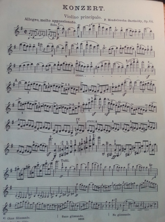My copy of Mendelssohn's Violin Concerto complete with rehearsal letters, shown on all modern music scores.