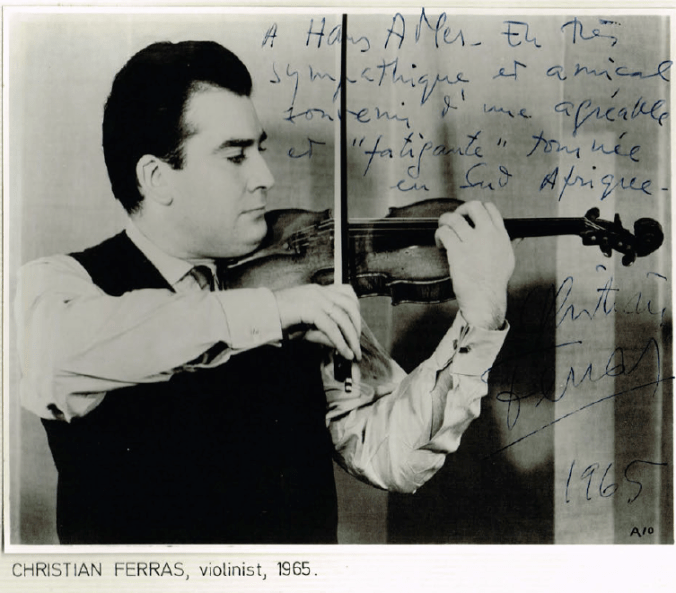 Photograph of Ferras taken on a tour of South Africa in 1965, dedicated to the organiser Hans Adler.